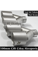 100 mm Çift Çıkış Akrapoviç Stil Delikli Mat Krom Egzoz Ucu Seti! Mat krom gövde, mesh delikli iç ağız, 21.5 cm genişlik, kaynaklı sağ/sol 2 parça quad takım.