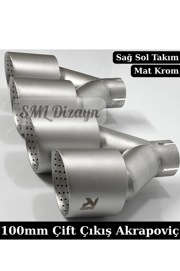 100 mm Çift Çıkış Akrapoviç Stil Delikli Mat Krom Egzoz Ucu Seti! Mat krom gövde, mesh delikli iç ağız, 21.5 cm genişlik, kaynaklı sağ/sol 2 parça quad takım.