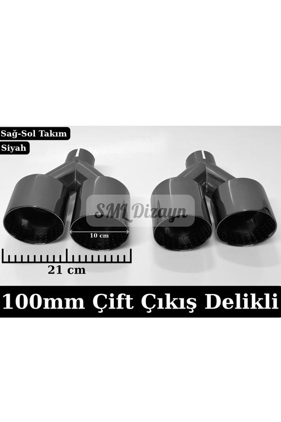 Universal 100 mm Delikli Siyah Egzoz Ucu Seti! Siyah kaplama gövde, mesh delikli iç ağız, 21 cm yatay genişlik, kaynaklı sağ/sol 2 parça takım.