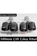 100 mm İthal Çiftli Akrapoviç Stil Karbon Görünümlü Egzoz Ucu Seti! Paslanmaz krom gövde, kelepçeli kaynaksız pratik montaj, 21 cm genişlik, sağ/sol quad takım.