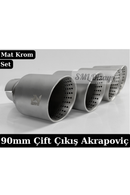 90 mm Çift Çıkış Akrapoviç Stil Delikli Mat Krom Egzoz Ucu Seti! Mat krom gövde, mesh delikli iç ağız, 18.5 cm genişlik, kaynaklı sağ/sol 2 parça quad takım.