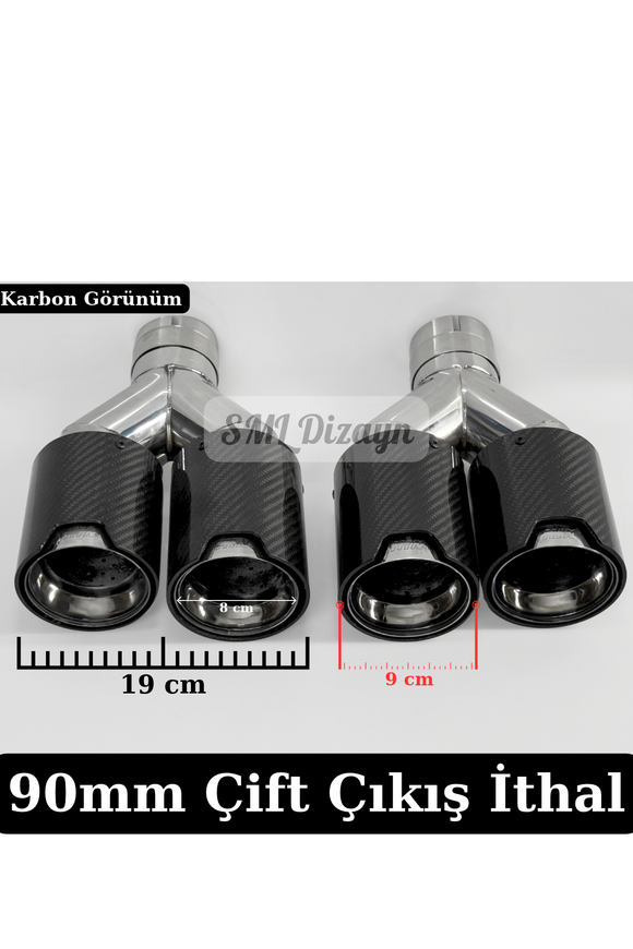 90 mm İthal Çift Çıkış M Logolu Karbon Görünümlü Egzoz Ucu Seti! Paslanmaz krom gövde, kelepçeli kaynaksız pratik montaj, 19 cm genişlik, sağ/sol quad takım.