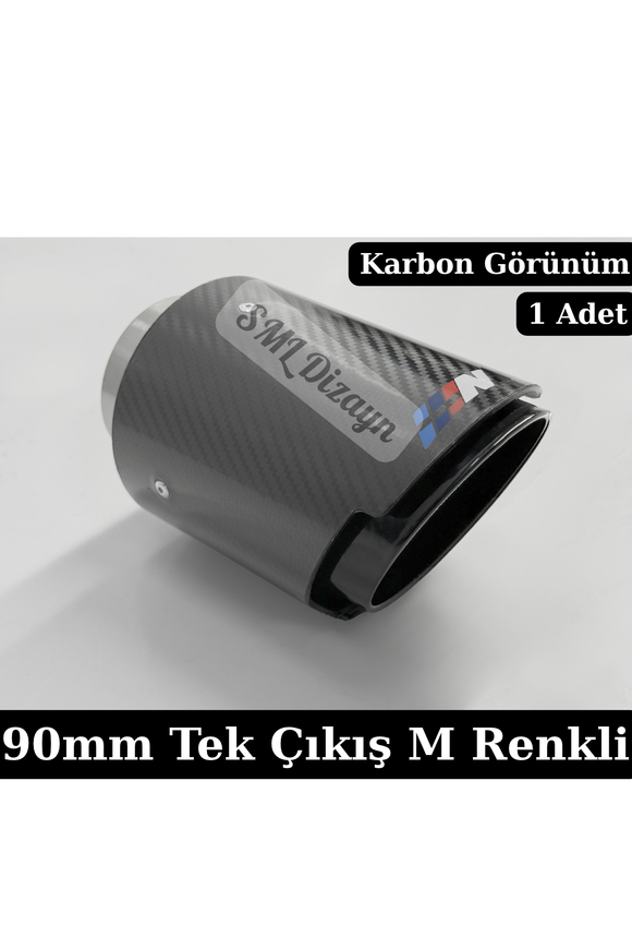 Universal 90 mm M Renkli Tekli Karbon Görünümlü Egzoz Ucu! Paslanmaz krom gövde, M Power şerit detayları, 9 cm dış ağız çapı, kaynaklı 1 adet spor başlık.