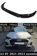 Upgrade your Audi A3 8Y (2021-2023) with a Glossy Piano Black 3-piece Front Bumper Lip. High-durability flexible plastic, ready to install, aggressive styling!