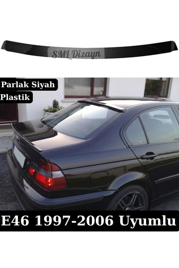 BMW E46 Sedan & Coupe (1997-2006) uyumlu Parlak Siyah Arka Cam Üstü Tavan Spoileri! Esnek ABS plastik, montaja hazır Piano Black, silikon/bantlı pratik kurulum.