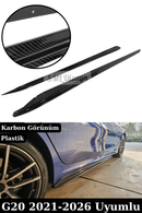 BMW 3 Serisi G20 Sedan (2021-2026) uyumlu Karbon Görünümlü Sağ-Sol Yan Marşpiyel Alt Eki! Esnek ABS plastik, 3D desen, çift taraflı bant ve vidalı kurulum.