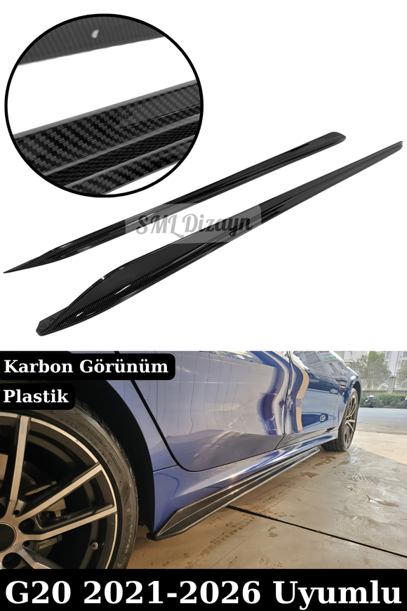 BMW 3 Serisi G20 Sedan (2021-2026) uyumlu Karbon Görünümlü Sağ-Sol Yan Marşpiyel Alt Eki! Esnek ABS plastik, 3D desen, çift taraflı bant ve vidalı kurulum.