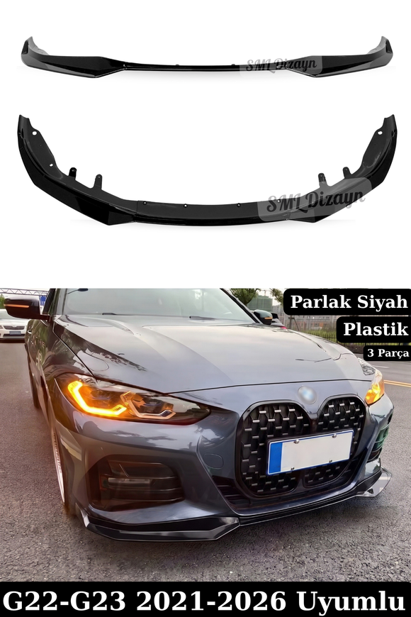 BMW 4 Serisi G22/G23 M Sport (2021-2026) uyumlu Parlak Siyah 3 Parçalı M Performance V2 Ön Lip! Esnek ABS plastik, montaja hazır görünüm, vidalı montaj.