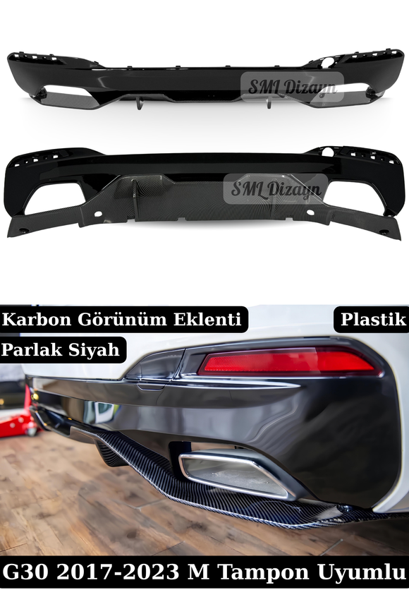 BMW G30 M Sport Arka Tampon Difuzoru Satin Al – Parlak Siyah Karbon Detayli