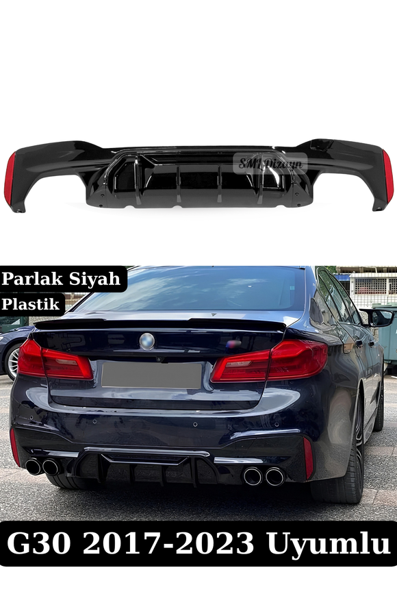 BMW 5 Serisi G30 M Sport (2017-2023) uyumlu Parlak Siyah M5 Competition Arka Difüzör! Esnek ABS plastik, montaja hazır Piano Black görünüm, tırnaklı değişim.