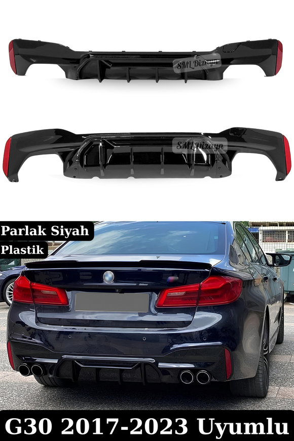 BMW 5 Serisi G30 M Sport (2017-2023) uyumlu Parlak Siyah M5 Competition Arka Difüzör! Esnek ABS plastik, montaja hazır Piano Black görünüm, tırnaklı değişim.