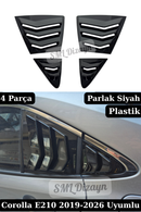 Toyota Corolla E210 Sedan (2019-2026) uyumlu Parlak Siyah 4 Parça Kelebek Cam Vizör Seti! Esnek ABS plastik, Piano Black görünüm, bantlı pratik ve iz bırakmayan kurulum.
