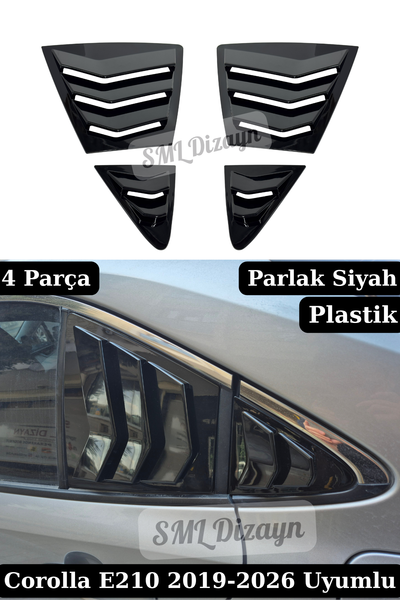 Toyota Corolla E210 Sedan (2019-2026) uyumlu Parlak Siyah 4 Parça Kelebek Cam Vizör Seti! Esnek ABS plastik, Piano Black görünüm, bantlı pratik ve iz bırakmayan kurulum.