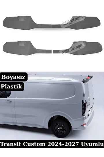 Ford Transit / Tourneo Custom T7 (2024-2027) uyumlu Boyasız Plastik 2 Parçalı Tavan Spoileri! Esnek yapı, araç rengine boyatılabilir, delmesiz silikonlu montaj.