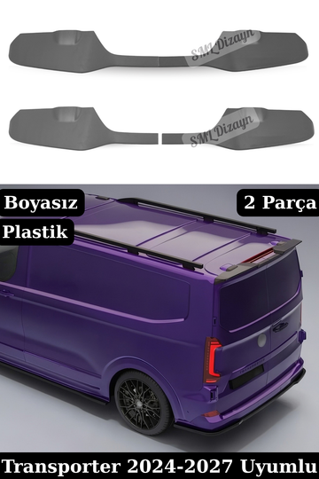 VW Transporter / Caravelle T7 (2024-2027) uyumlu Boyasız Plastik 2 Parçalı Tavan Spoileri! Esnek yapı, araç rengine boyatılabilir, delmesiz silikonlu montaj.