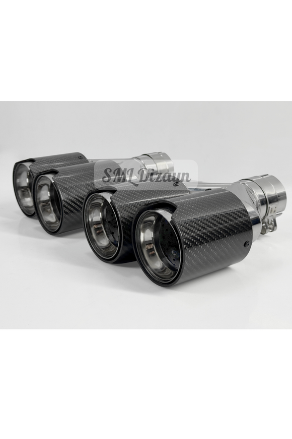 90 mm Ithal Universal M Logolu Karbon Gorunum Ciftli Egzoz Ucu Satin Al – Kelepceli Sag Sol Takim