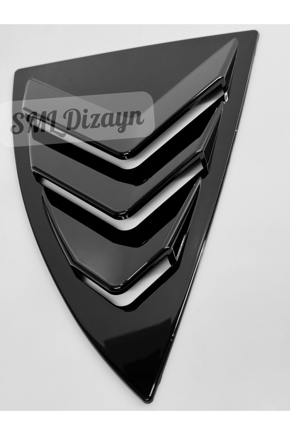 Upgrade your Tesla Model Y with Piano Black Quarter Window Louver Spoilers. Flexible ABS plastic, glossy finish, 2-piece stick-on fitment!