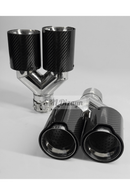 The imported premium 90mm dual outlet M Performance style carbon look exhaust tip set with laser-engraved M logo is custom-engineered for high-end quad-exhaust aesthetics with non-destructive installation. Manufactured with a high-grade carbon fiber effect outer sleeve and a heat-resistant mirror-finished chrome-plated stainless steel inner core, it resists rust, discoloration, and corrosion from hot exhaust gases. Featuring a 90mm outer carbon diameter (80mm inner core) and a 19cm combined 