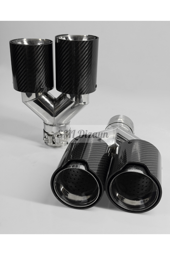 The imported premium 90mm dual outlet M Performance style carbon look exhaust tip set with laser-engraved M logo is custom-engineered for high-end quad-exhaust aesthetics with non-destructive installation. Manufactured with a high-grade carbon fiber effect outer sleeve and a heat-resistant mirror-finished chrome-plated stainless steel inner core, it resists rust, discoloration, and corrosion from hot exhaust gases. Featuring a 90mm outer carbon diameter (80mm inner core) and a 19cm combined 