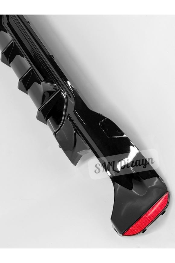 The M5 Competition style rear bumper diffuser for BMW 5 Series G30 Sedan models (2017-2023 with M Sport bumper) is custom-molded to fit OEM rear bumper cutouts with exact precision. Manufactured from high-grade, impact-resistant flexible ABS plastic featuring a factory high-gloss Piano Black finish, this sport rear diffuser requires no additional sanding or painting. Designed with original snap-in clip tabs, it allows direct plug-and-play installation without cutting or modifying the rear bumper. 