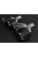 The imported premium 100mm dual outlet Akrapovic style carbon look exhaust tip set for custom diffuser setups is engineered for high-end quad-exhaust aesthetics with non-destructive installation. Manufactured with a high-grade carbon fiber effect outer sleeve and a heat-resistant mirror-finished chrome-plated stainless steel inner core, it resists rust, discoloration, and corrosion from hot exhaust gases. Featuring a 100mm outer carbon diameter (90mm inner core) and a 21cm combined 