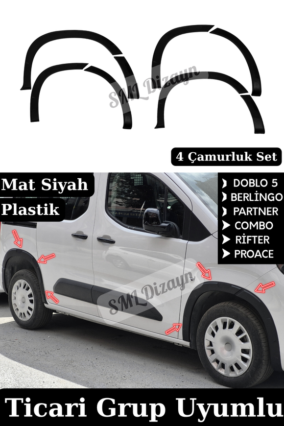 Rifter, Partner, Doblo, Combo, Berlingo ve Proace uyumlu Pütürlü Mat Siyah Çamurluk Dodik Seti! Esnek ABS plastik, delmesiz kendinden bantlı kolay montaj.