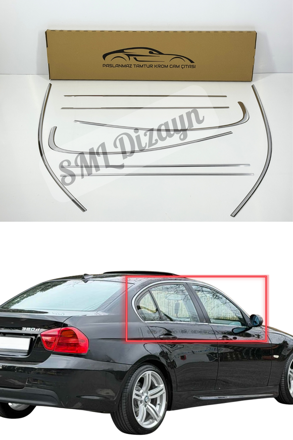 BMW 3 Serisi E90 (2004-2011) Uyumlu 8 Parça Paslanmaz Krom Cam Çıtası - Tam Tur Set