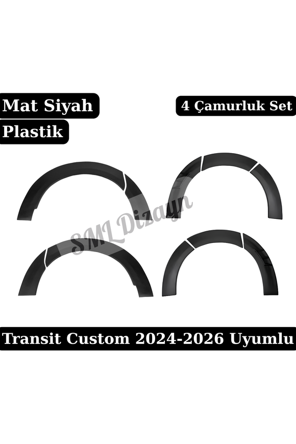 Ford Transit & Tourneo Custom (2024-2026) uyumlu Pütürlü Mat Siyah Çamurluk Dodik Seti! Esnek ABS plastik, delmesiz kendinden bantlı kolay montaj.