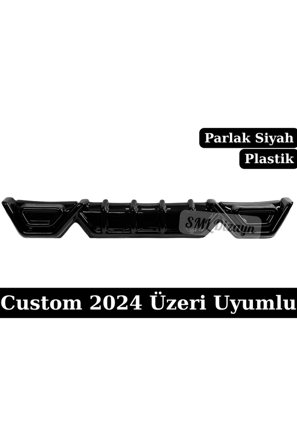 Ford Transit Custom (2024+) uyumlu Parlak Siyah Arka Tampon Difüzörü! Esnek ABS plastik, bant ve vida destekli montaj, fabrikasyon Piano Black görünüm!
