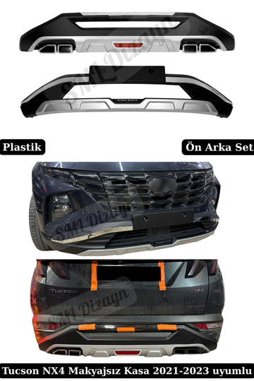 Hyundai Tucson NX4 Uyumlu Ön ve Arka Tampon Koruma Difüzör Seti - Gri & Mat Siyah Krom Detaylı Plastik (2021-2023 Makyajsız Kasa)