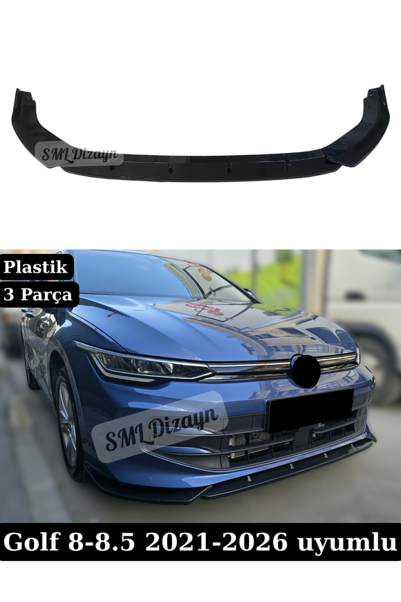 Volkswagen Golf 8 ve 8.5 Uyumlu 3 Parçalı Ön Tampon Lipi - Siyah Plastik Karlık (2021-2026)