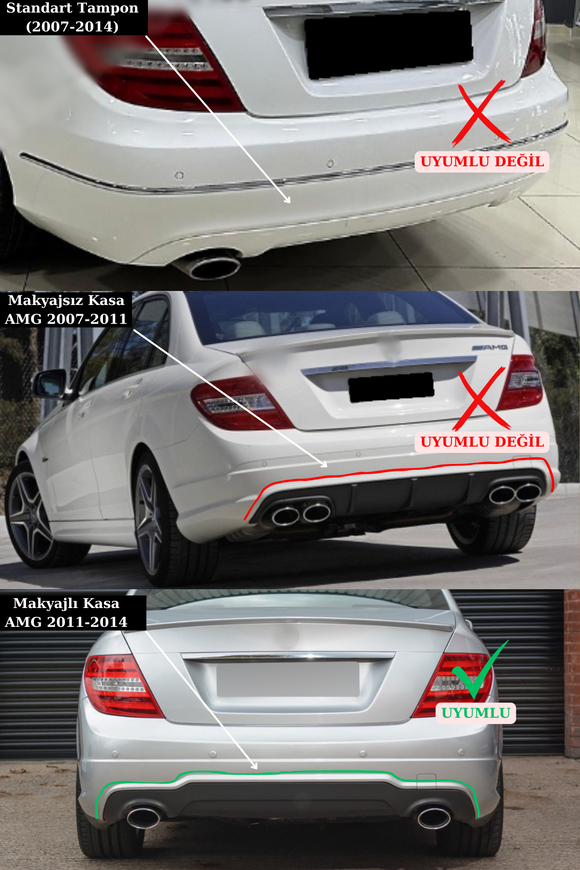 C Serisi W204 Amg Difüzör Arka Ek Sağ-Sol Çift Çıkış Parlak Siyah Plastik 2012-2014 (Makyajlı Kasa)