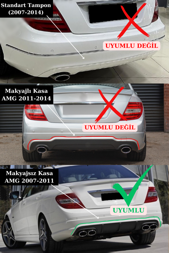 C Serisi W204 Amg Difüzör Arka Ek Sağ-Sol Çift Çıkış Parlak Siyah Plastik 2007-2010 (Makyajsız Kasa)