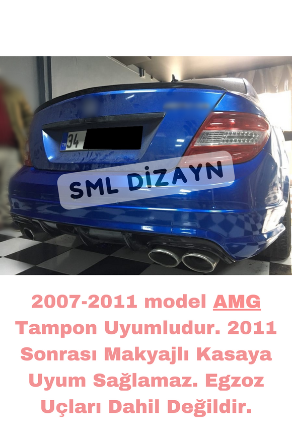 C Serisi W204 Amg Difüzör Arka Ek Sağ-Sol Çift Çıkış Parlak Siyah Plastik 2007-2010 (Makyajsız Kasa)